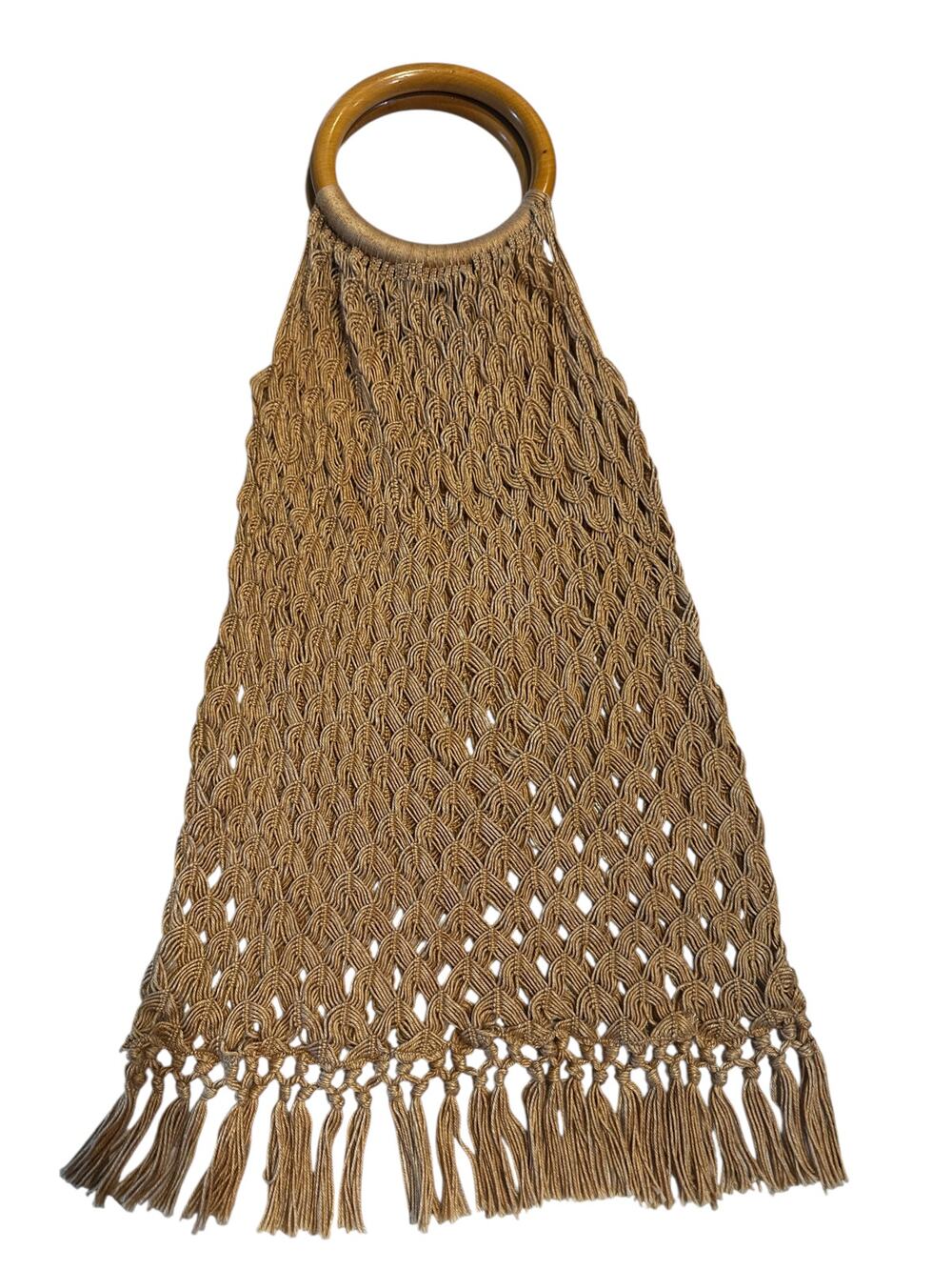Vintage Boho Macramé Handbag with Wooden Ring Handles – Handmade Knit Tote